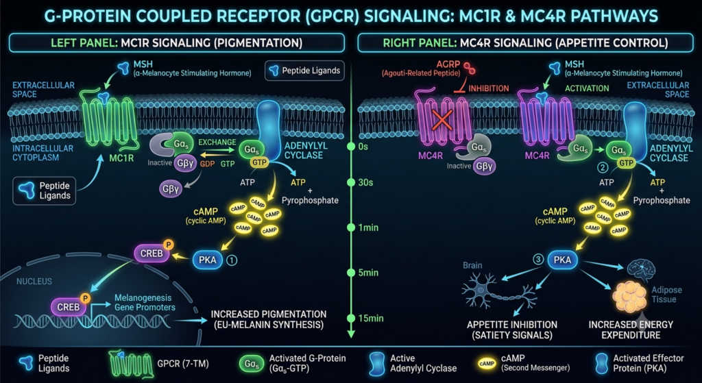 Diagram showing Melanotan II binding to melanocortin GPCR receptors and triggering cAMP signaling