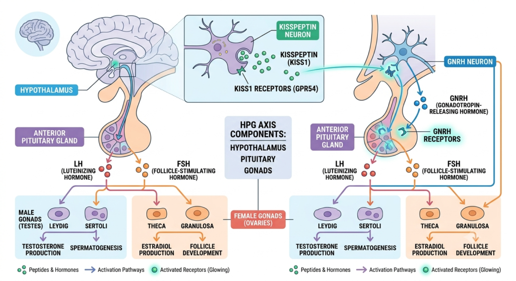 Diagram of Kisspeptin mechanism of action on GnRH neurons and LH FSH release