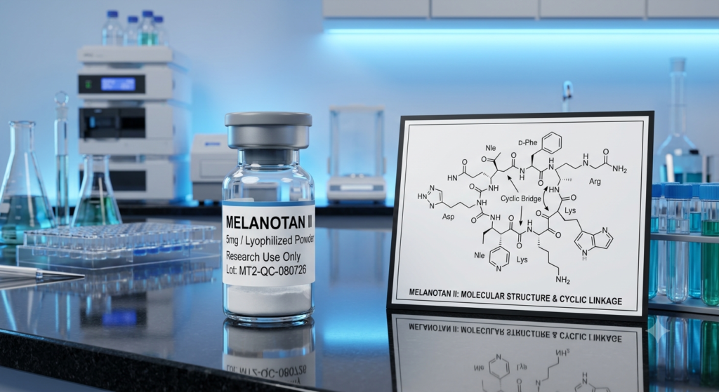 Melanotan II research peptide vial in a laboratory scientific environment