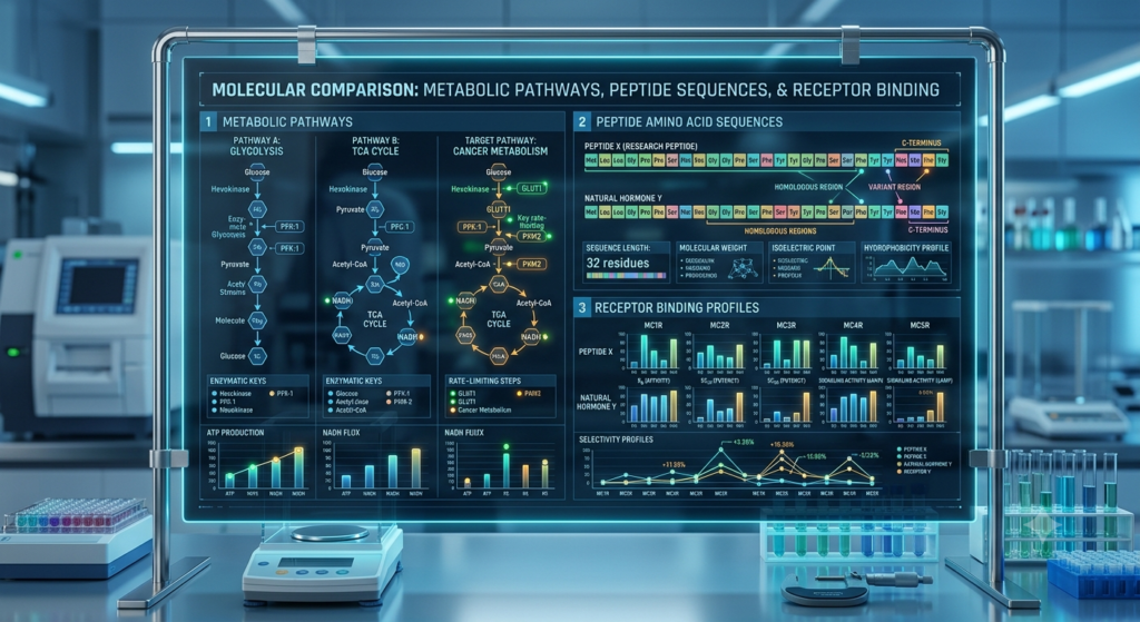 Comparison graphic of research peptides, receptor profiles, and cellular mechanisms